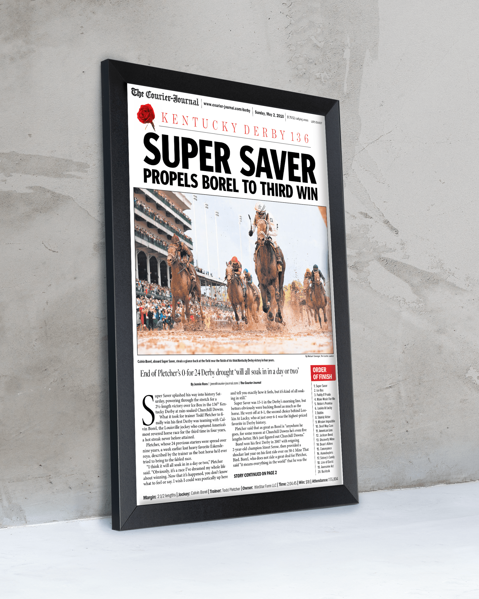 2010 Kentucky Derby "SUPER SAVER" Borel's 3rd Win Framed Front Page Newspaper - TitleGameFrames.com