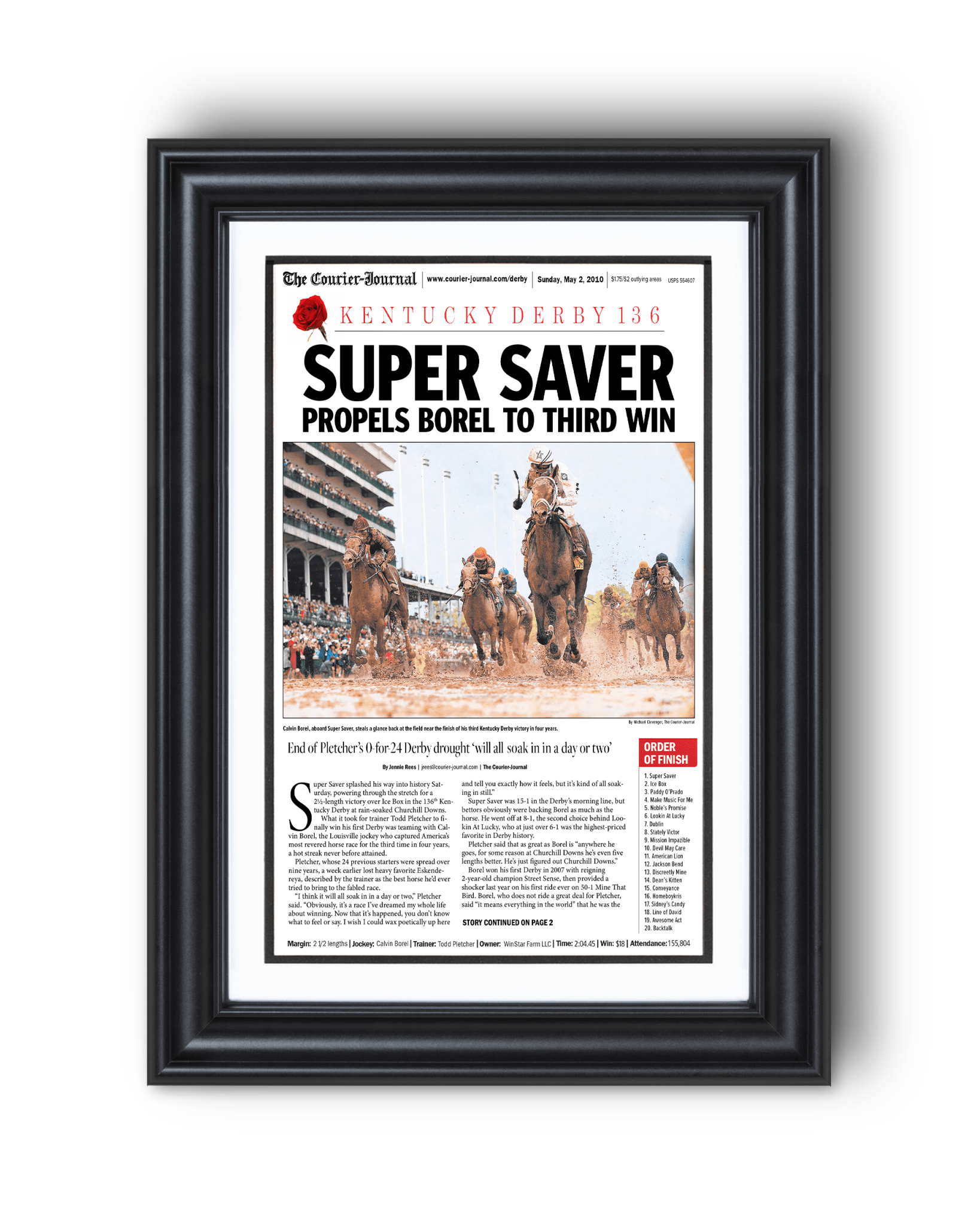 2010 Kentucky Derby "SUPER SAVER" Borel's 3rd Win Framed Front Page Newspaper - TitleGameFrames.com