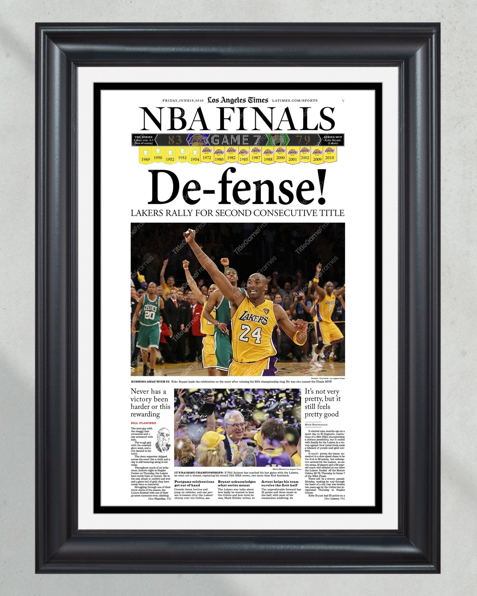 2010 Los Angeles LA Lakers NBA Championship Framed Print LA Times Newspaper Front Cover Kobe Bryant Staples Center - TitleGameFrames.com
