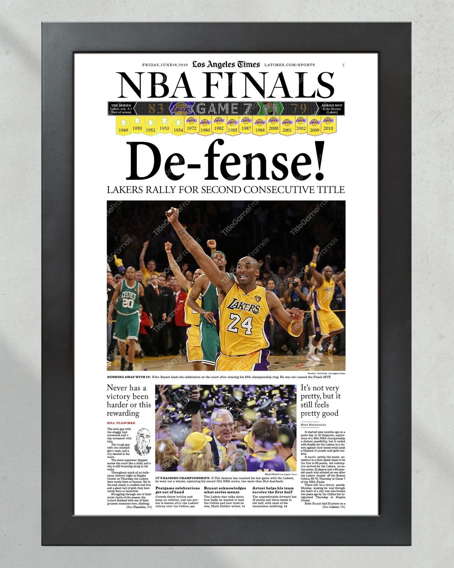 2010 Los Angeles LA Lakers NBA Championship Framed Print LA Times Newspaper Front Cover Kobe Bryant Staples Center - TitleGameFrames.com