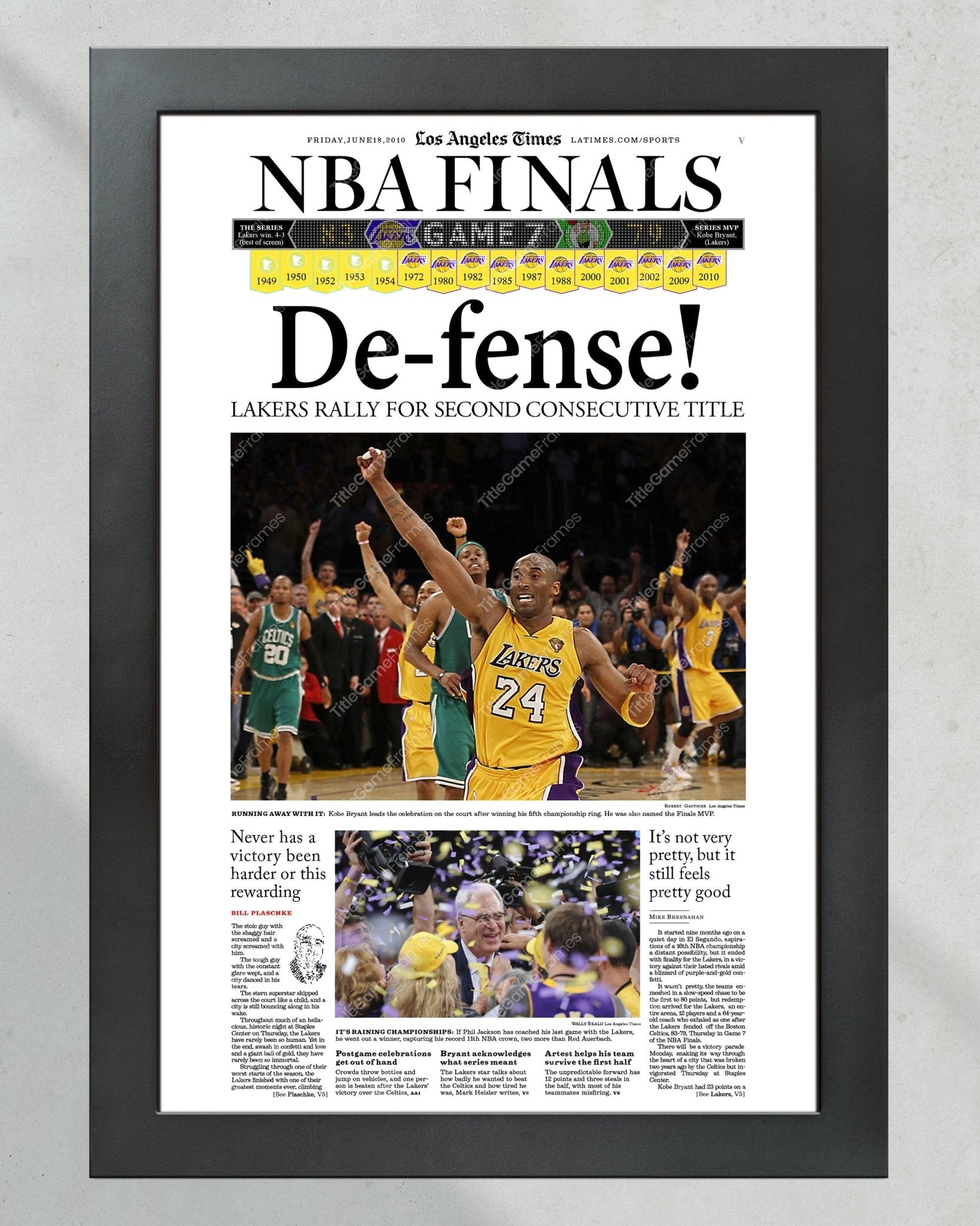 2010 Los Angeles LA Lakers NBA Championship Framed Print LA Times Newspaper Front Cover Kobe Bryant Staples Center - TitleGameFrames.com
