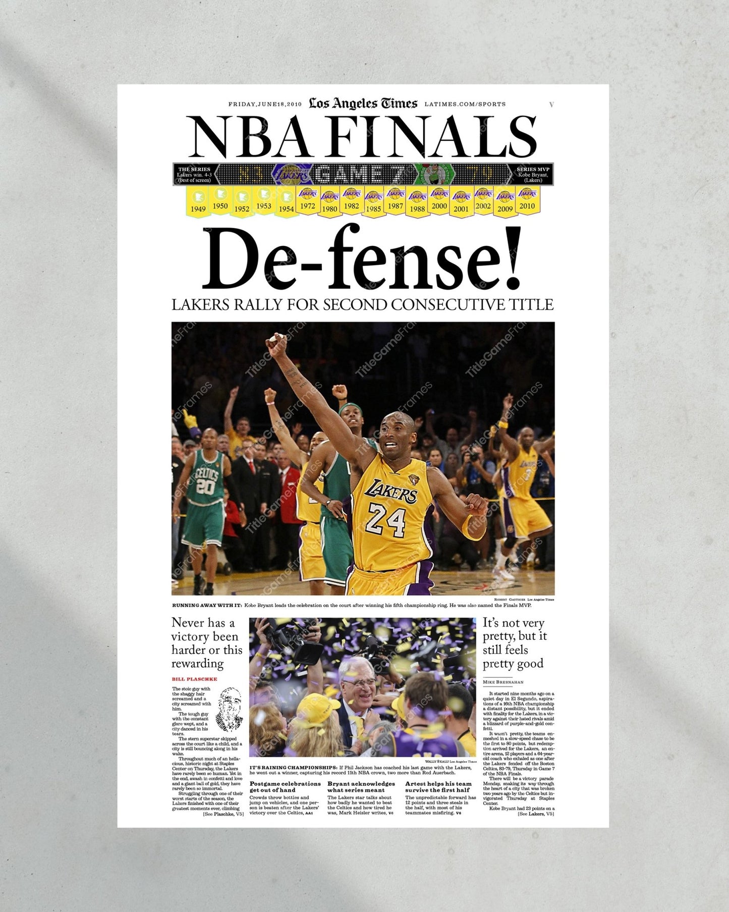 2010 Los Angeles LA Lakers NBA Championship Framed Print LA Times Newspaper Front Cover Kobe Bryant Staples Center - TitleGameFrames.com
