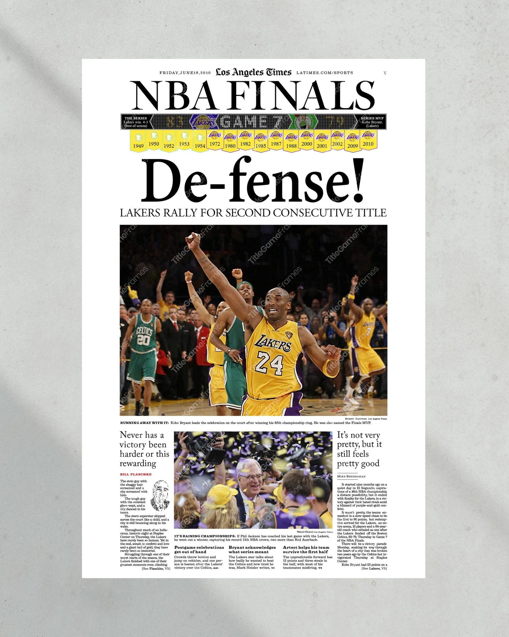 2010 Los Angeles LA Lakers NBA Championship Framed Print LA Times Newspaper Front Cover Kobe Bryant Staples Center - TitleGameFrames.com