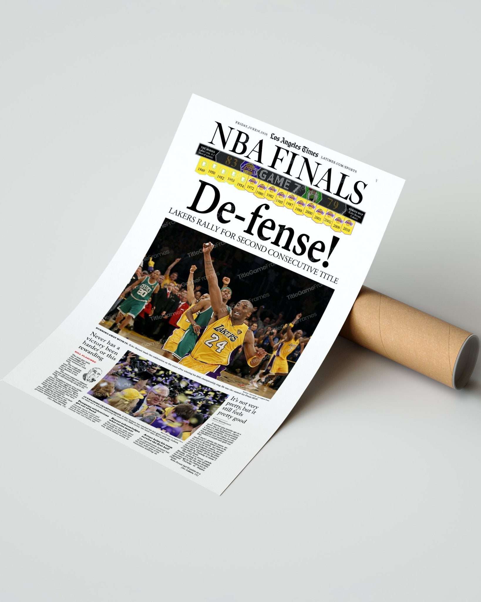 2010 Los Angeles LA Lakers NBA Championship Framed Print LA Times Newspaper Front Cover Kobe Bryant Staples Center - TitleGameFrames.com