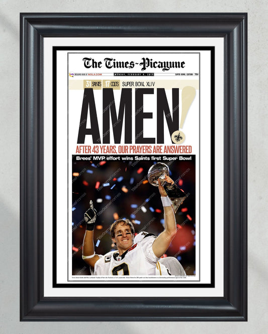 2010 New Orleans Saints Super Bowl XLIV Drew Brees Framed High Quality Newspaper Print Drew Brees - TitleGameFrames.com