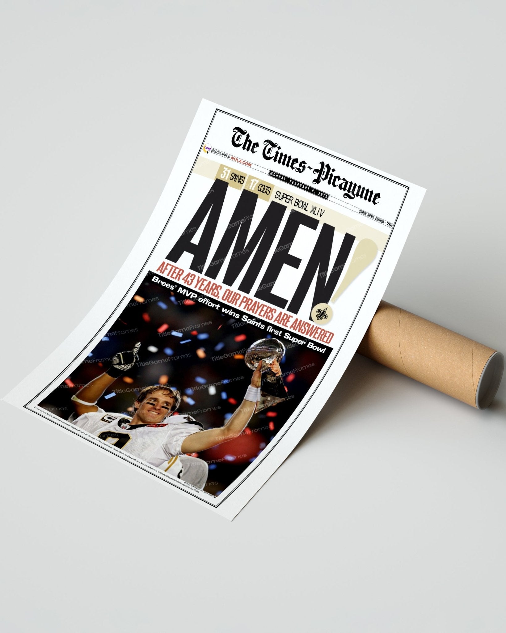 2010 New Orleans Saints Super Bowl XLIV Drew Brees Framed High Quality Newspaper Print Drew Brees - TitleGameFrames.com