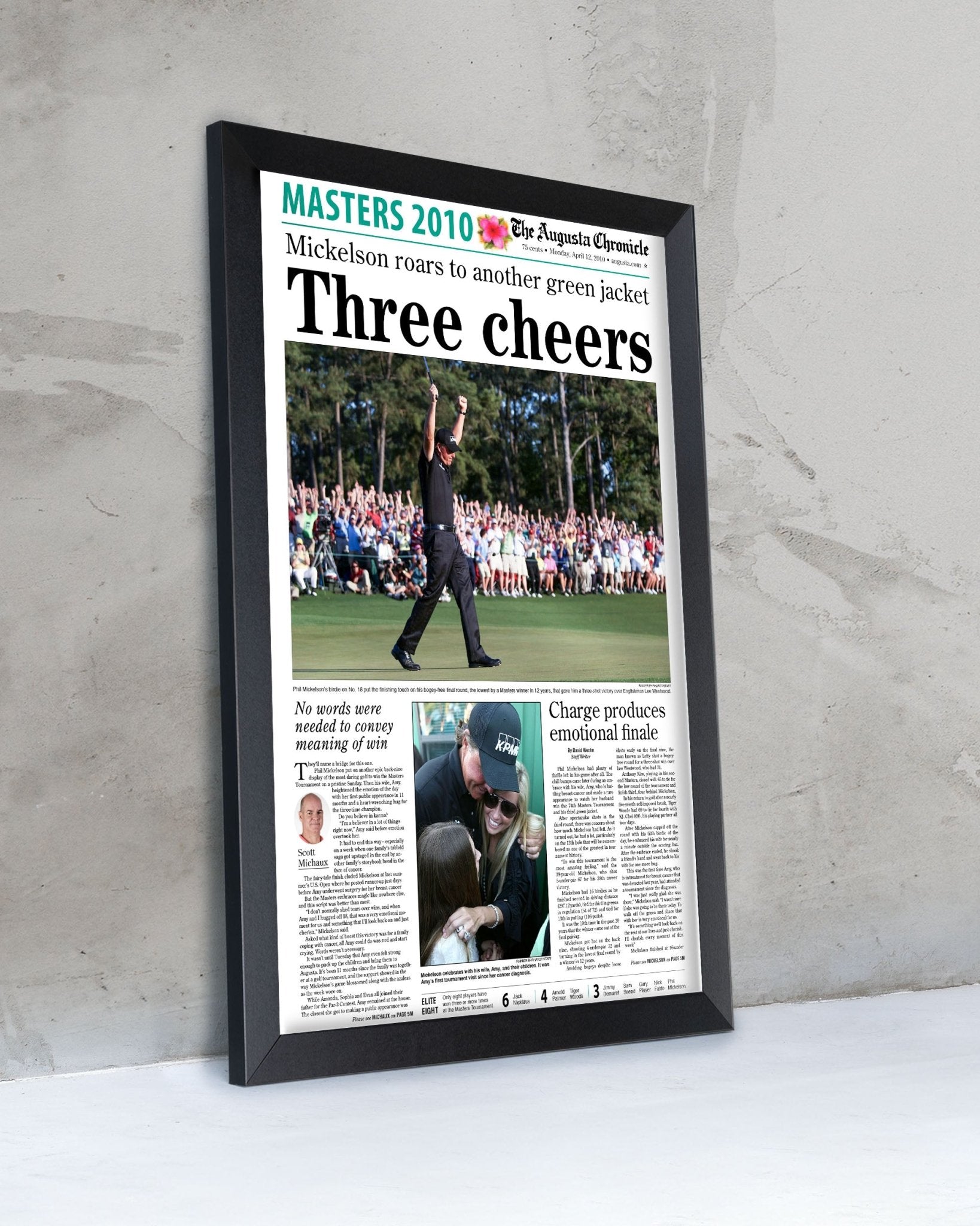 2010 Phil Mickelson Masters Champion 'Three cheers' Framed Newspaper - TitleGameFrames.com
