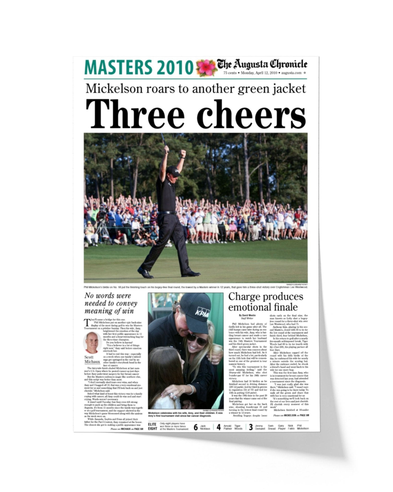 2010 Phil Mickelson Masters Champion 'Three cheers' Framed Newspaper - TitleGameFrames.com