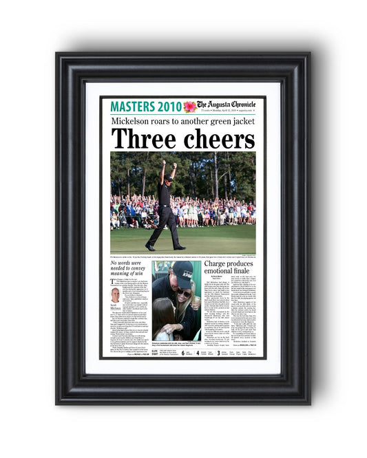 2010 Phil Mickelson Masters Champion 'Three cheers' Framed Newspaper - TitleGameFrames.com