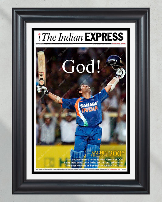 2010 Sachin's Historic 200 "God Of Cricket" - Framed Commemorative Newspaper - TitleGameFrames.com
