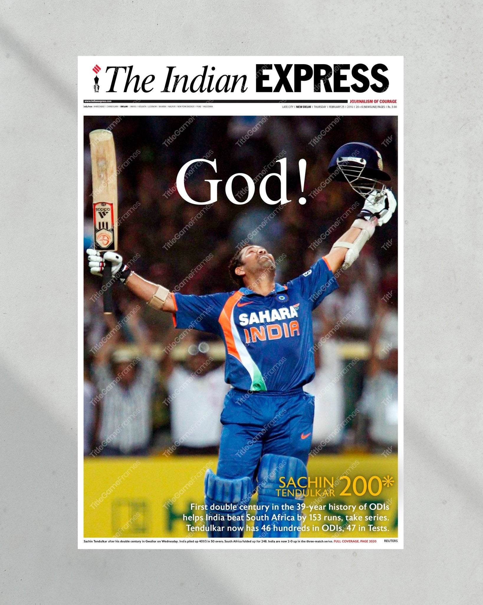 2010 Sachin's Historic 200 "God Of Cricket" - Framed Commemorative Newspaper - TitleGameFrames.com