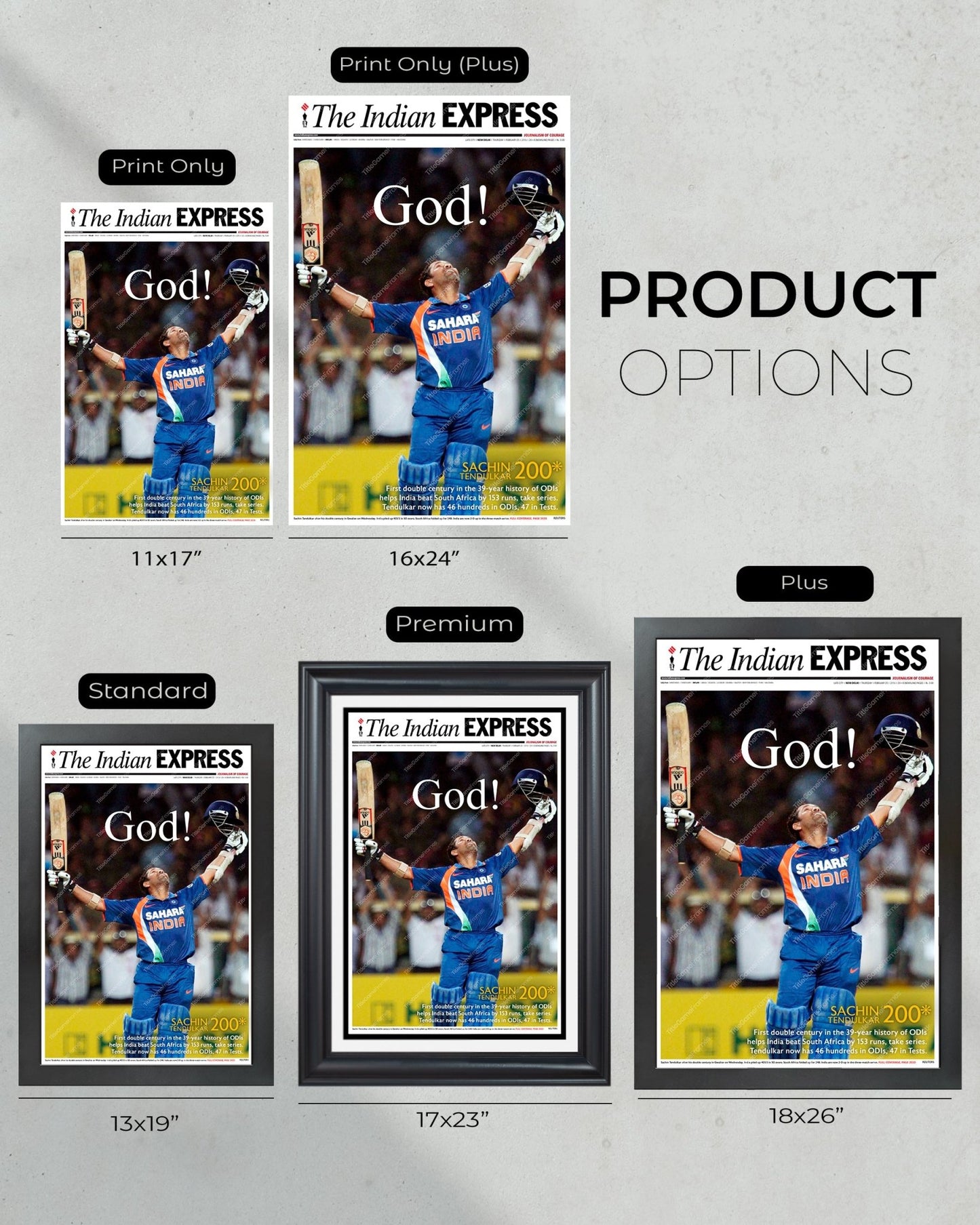 2010 Sachin's Historic 200 "God Of Cricket" - Framed Commemorative Newspaper - TitleGameFrames.com