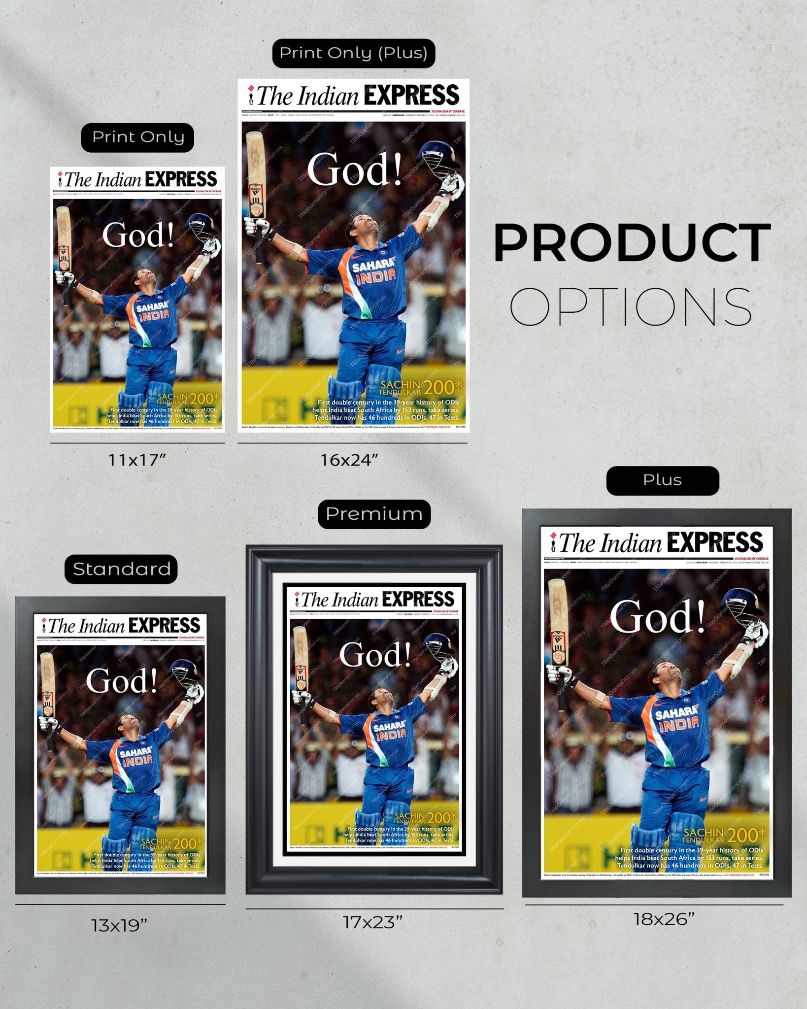 2010 Sachin's Historic 200 "God Of Cricket" - Framed Commemorative Newspaper - TitleGameFrames.com