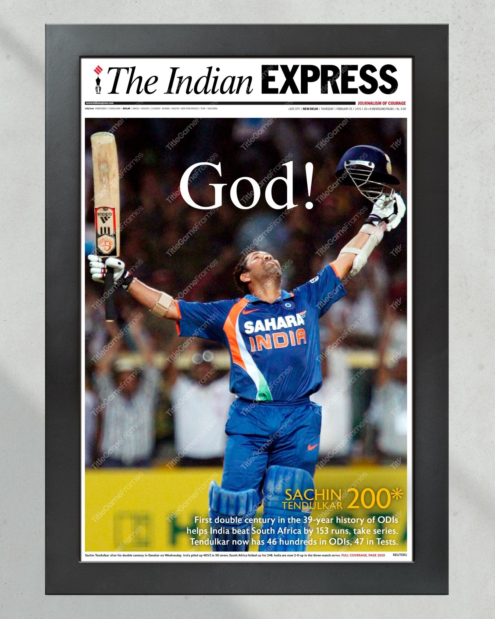 2010 Sachin's Historic 200 "God Of Cricket" - Framed Commemorative Newspaper - TitleGameFrames.com