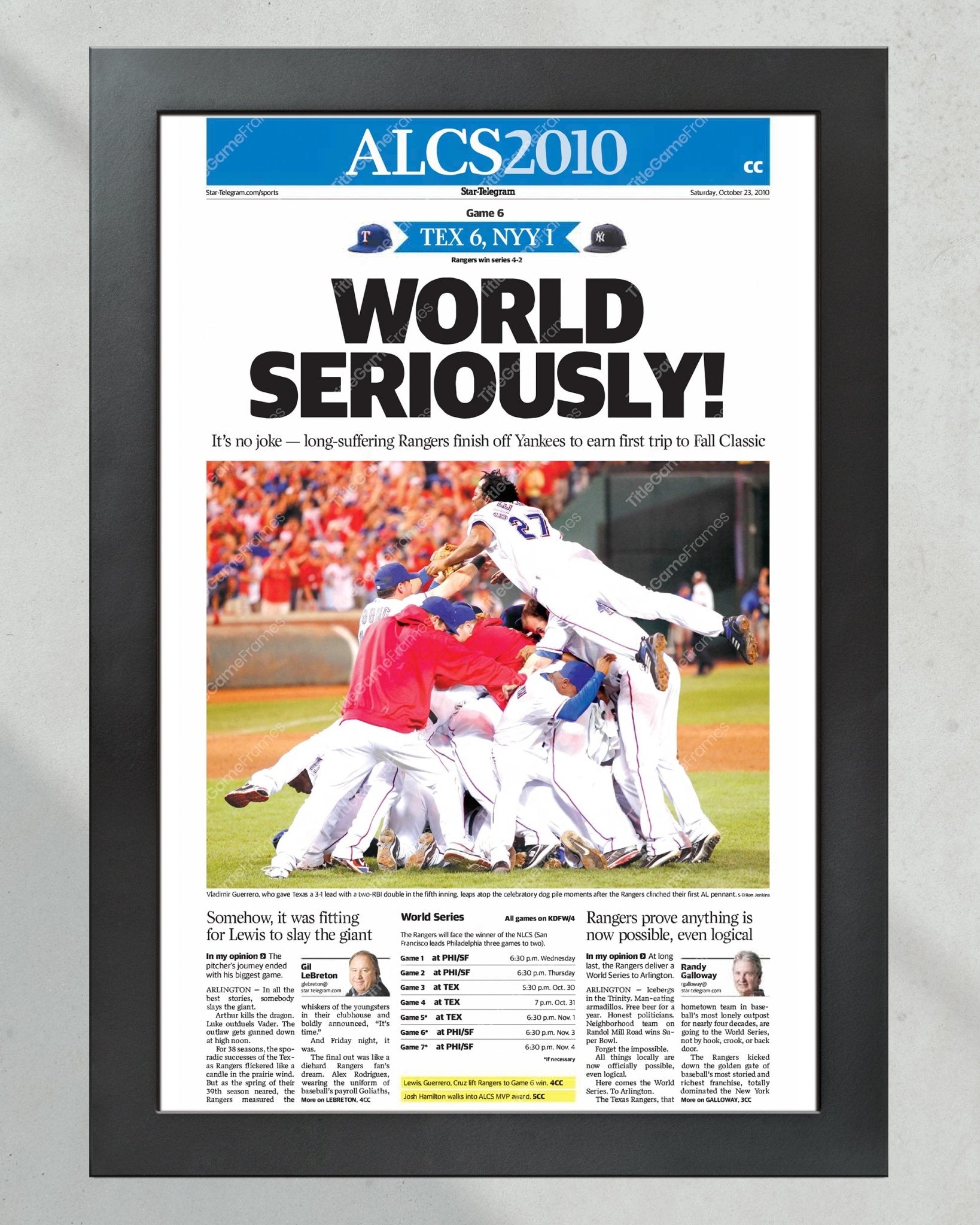 2010 Texas Rangers ALCS Champions Framed Front Page Newspaper Print - TitleGameFrames.com