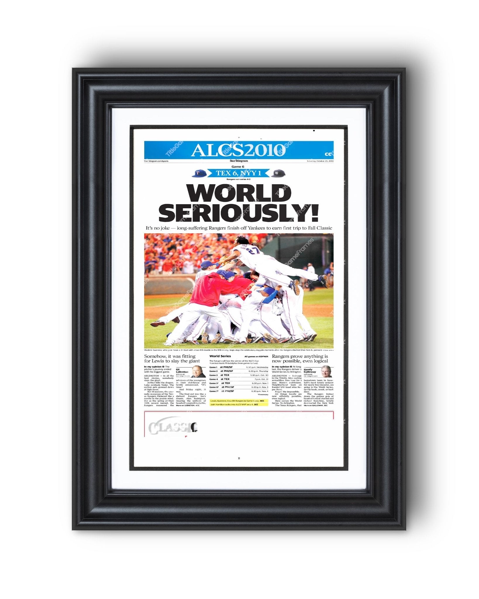 2010 Texas Rangers ALCS Champions Framed Newspaper Print – Title Game ...