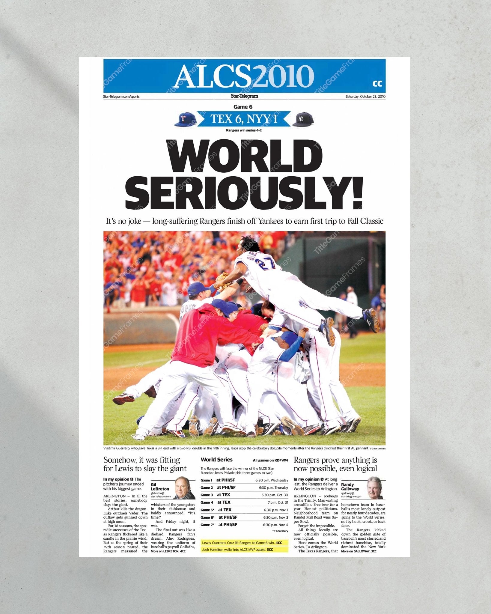 2010 Texas Rangers ALCS Champions Framed Front Page Newspaper Print - TitleGameFrames.com