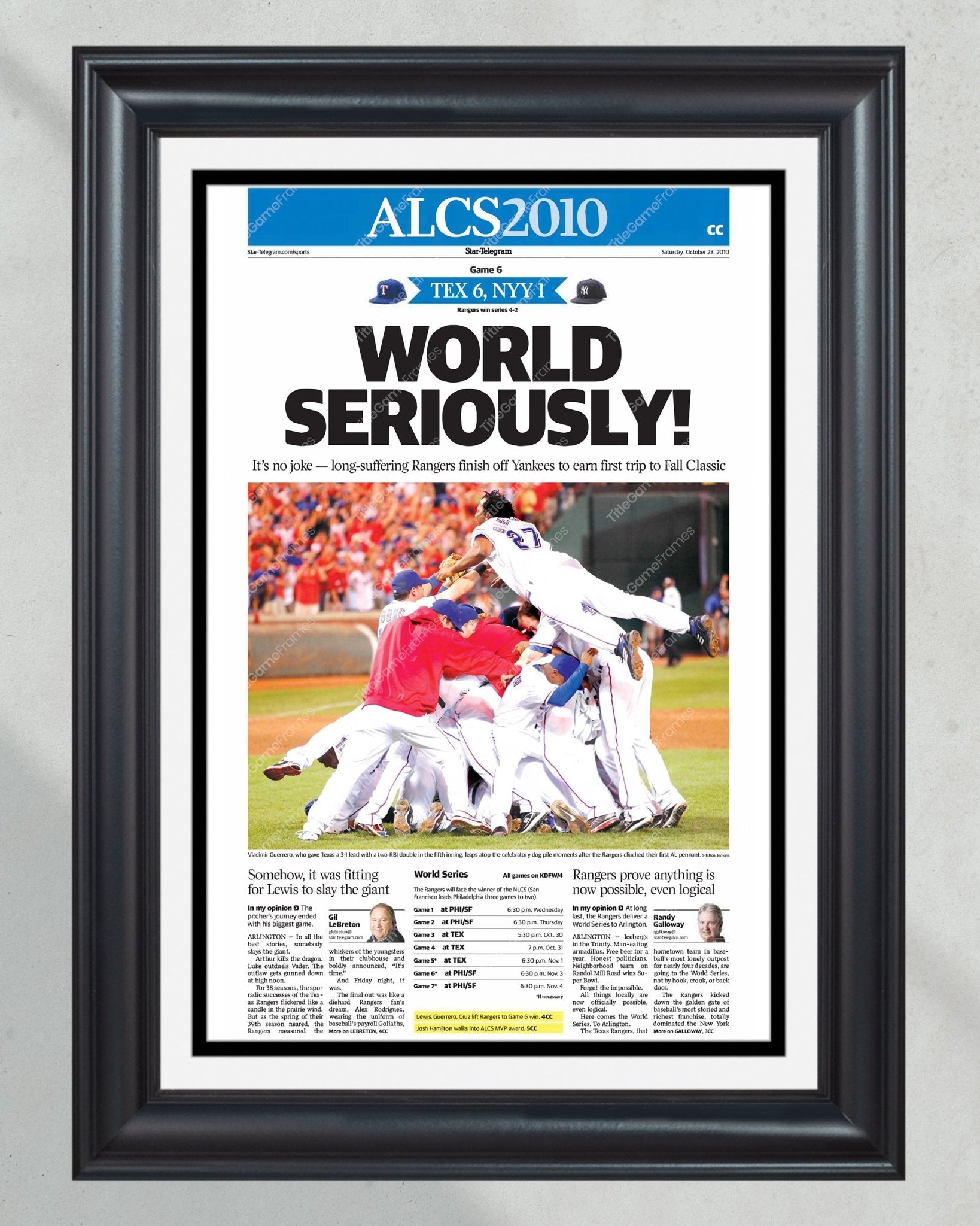 2010 Texas Rangers ALCS Champions Framed Front Page Newspaper Print - TitleGameFrames.com