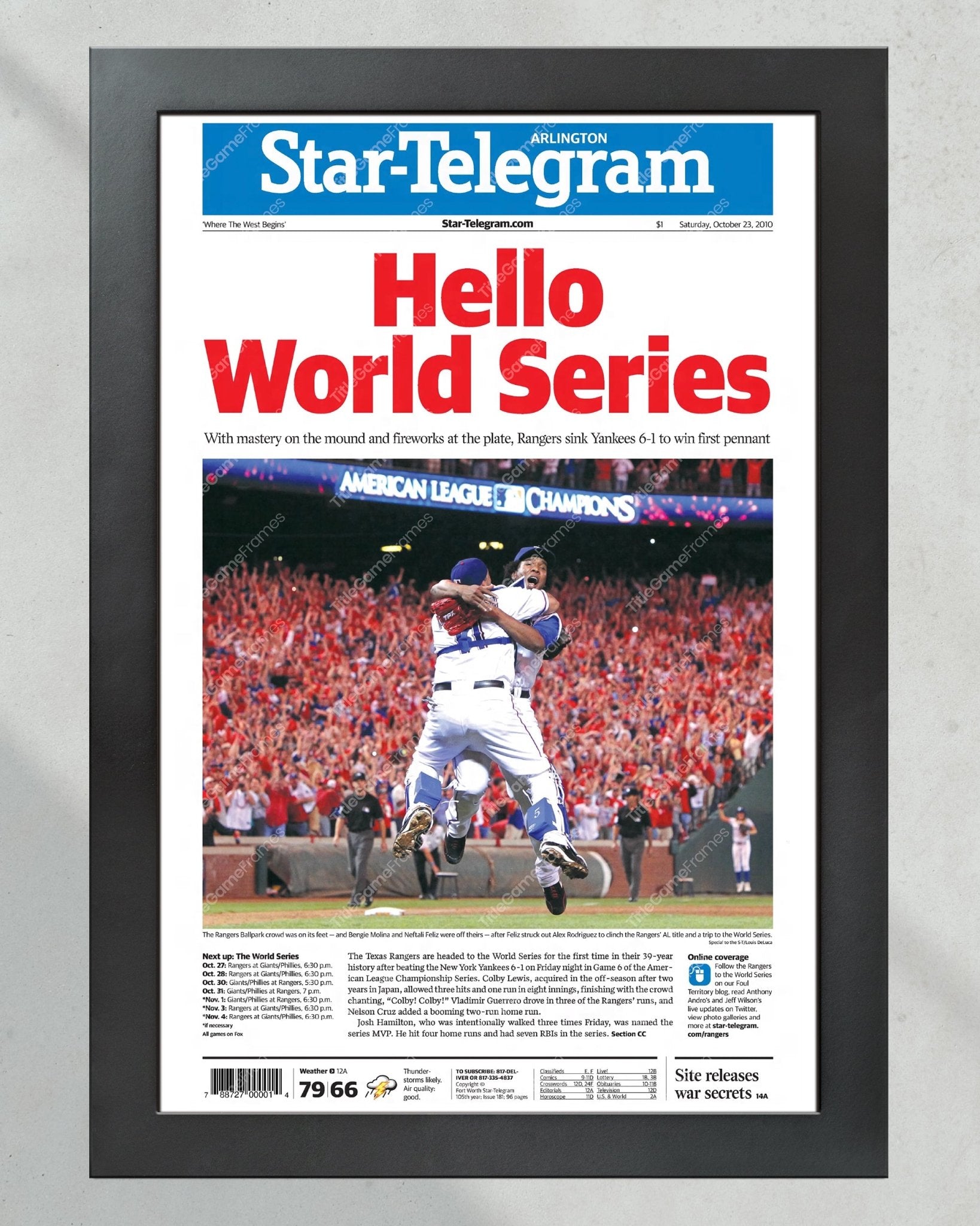 2010 Texas Rangers ALCS Champions Framed Front Page Newspaper Print - TitleGameFrames.com