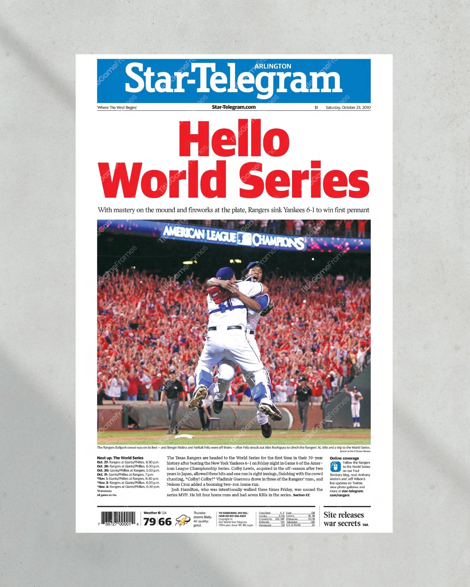 2010 Texas Rangers ALCS Champions Framed Front Page Newspaper Print - TitleGameFrames.com