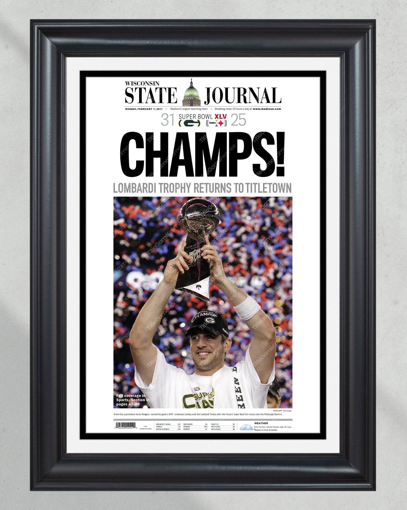 2011 Aaron Rogers Green Bay Packers Super Bowl Champions Framed Front Page Newspaper Print - TitleGameFrames.com