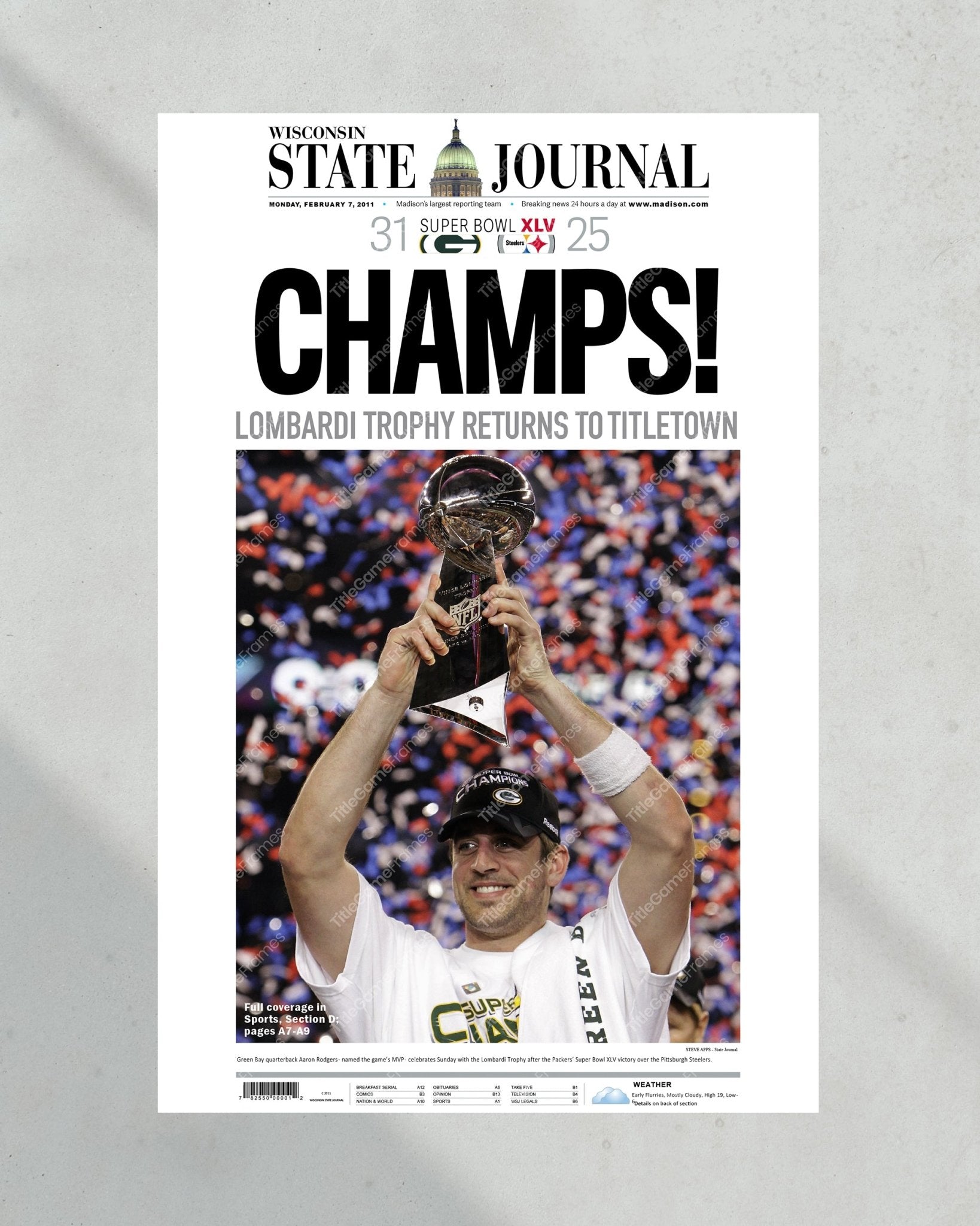2011 Aaron Rogers Green Bay Packers Super Bowl Champions Framed Front Page Newspaper Print - TitleGameFrames.com