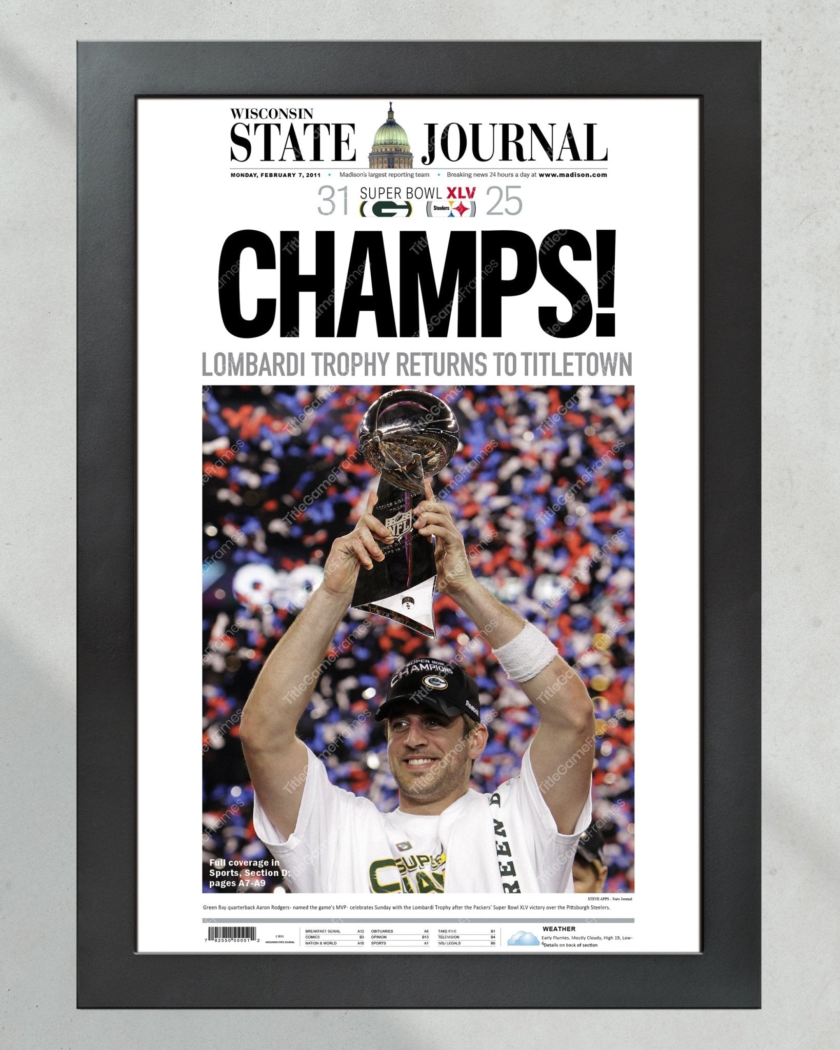 2011 Aaron Rogers Green Bay Packers Super Bowl Champions Framed Front Page Newspaper Print - TitleGameFrames.com