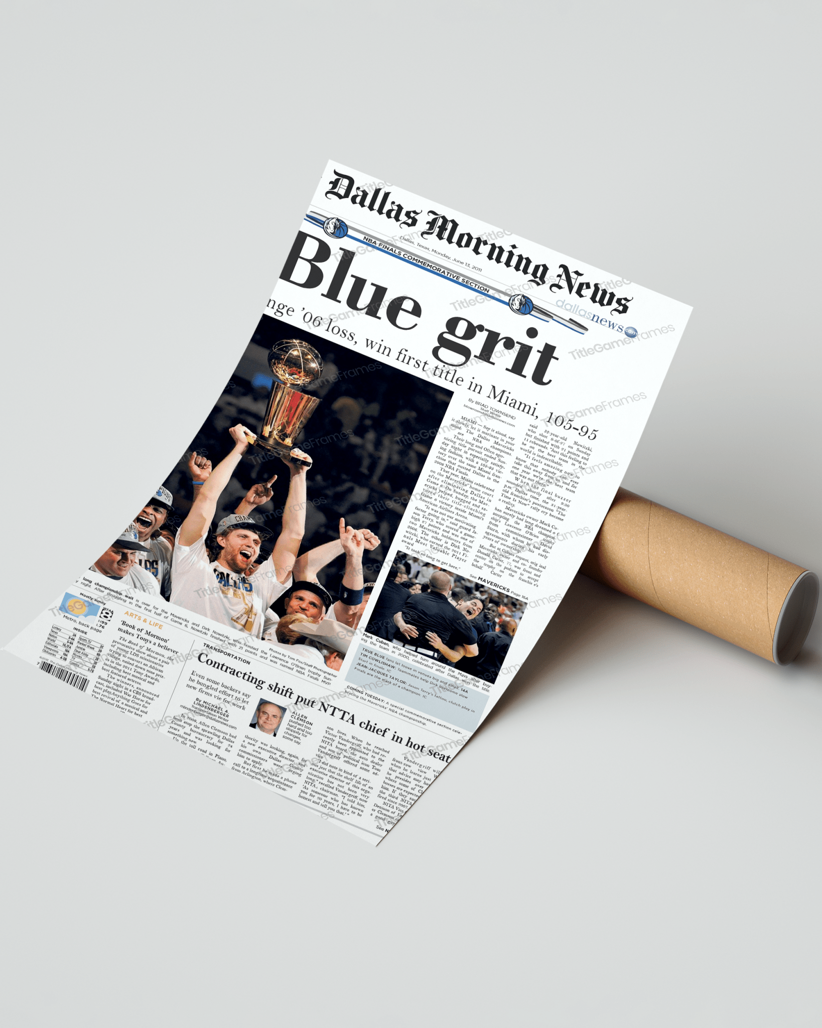 2011 Dallas Mavericks NBA Basketball Championship 'Blue grit' Framed Newspaper - TitleGameFrames.com