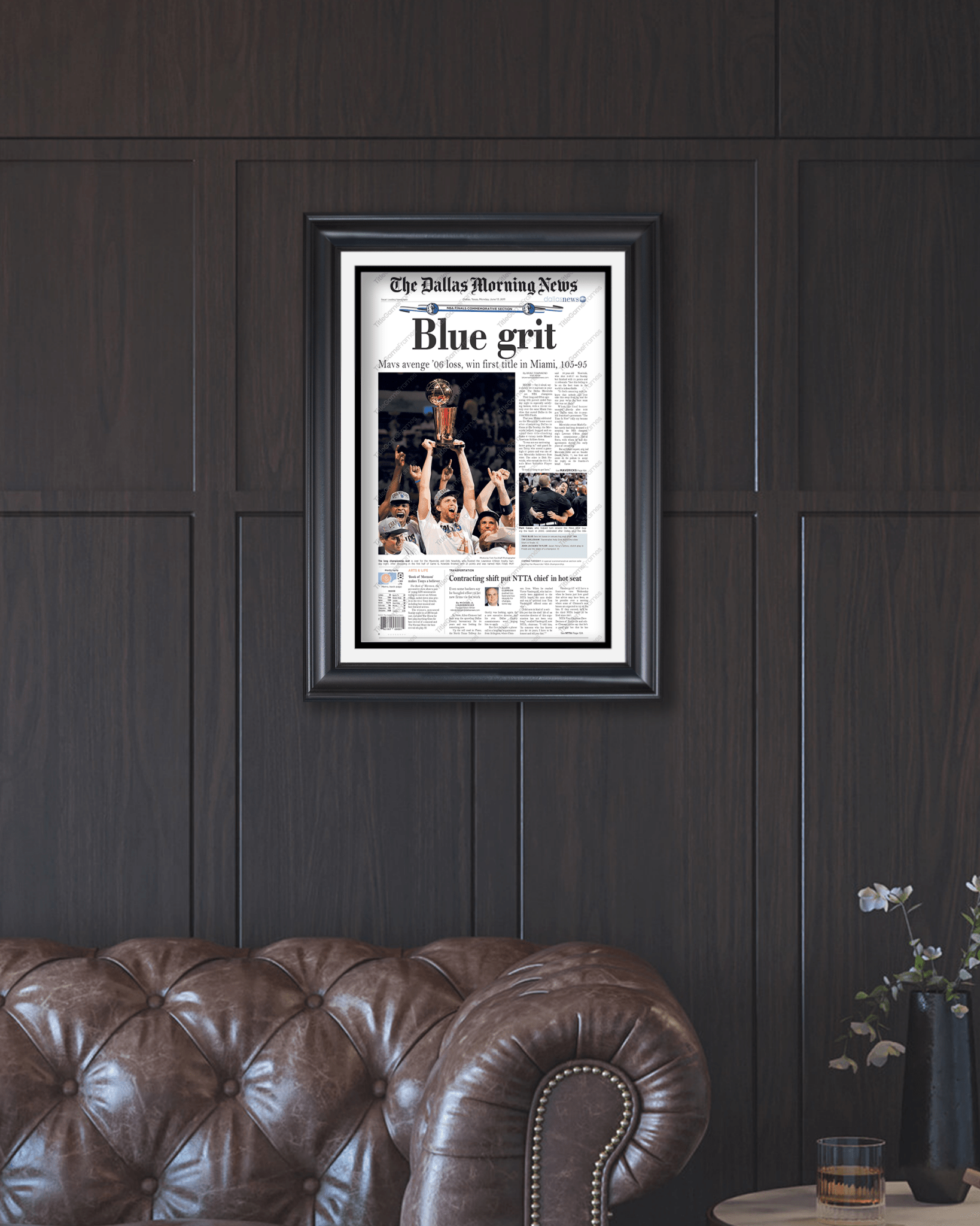 2011 Dallas Mavericks NBA Basketball Championship 'Blue grit' Framed Newspaper - TitleGameFrames.com