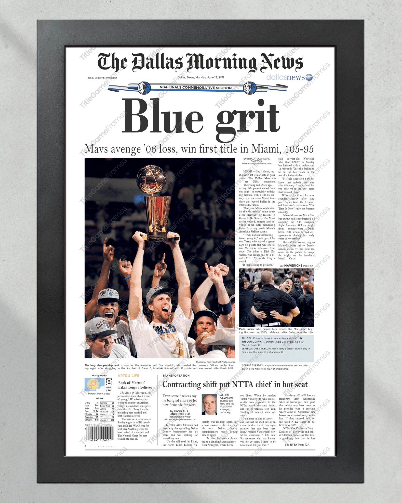 2011 Dallas Mavericks NBA Basketball Championship 'Blue grit' Framed Newspaper - TitleGameFrames.com