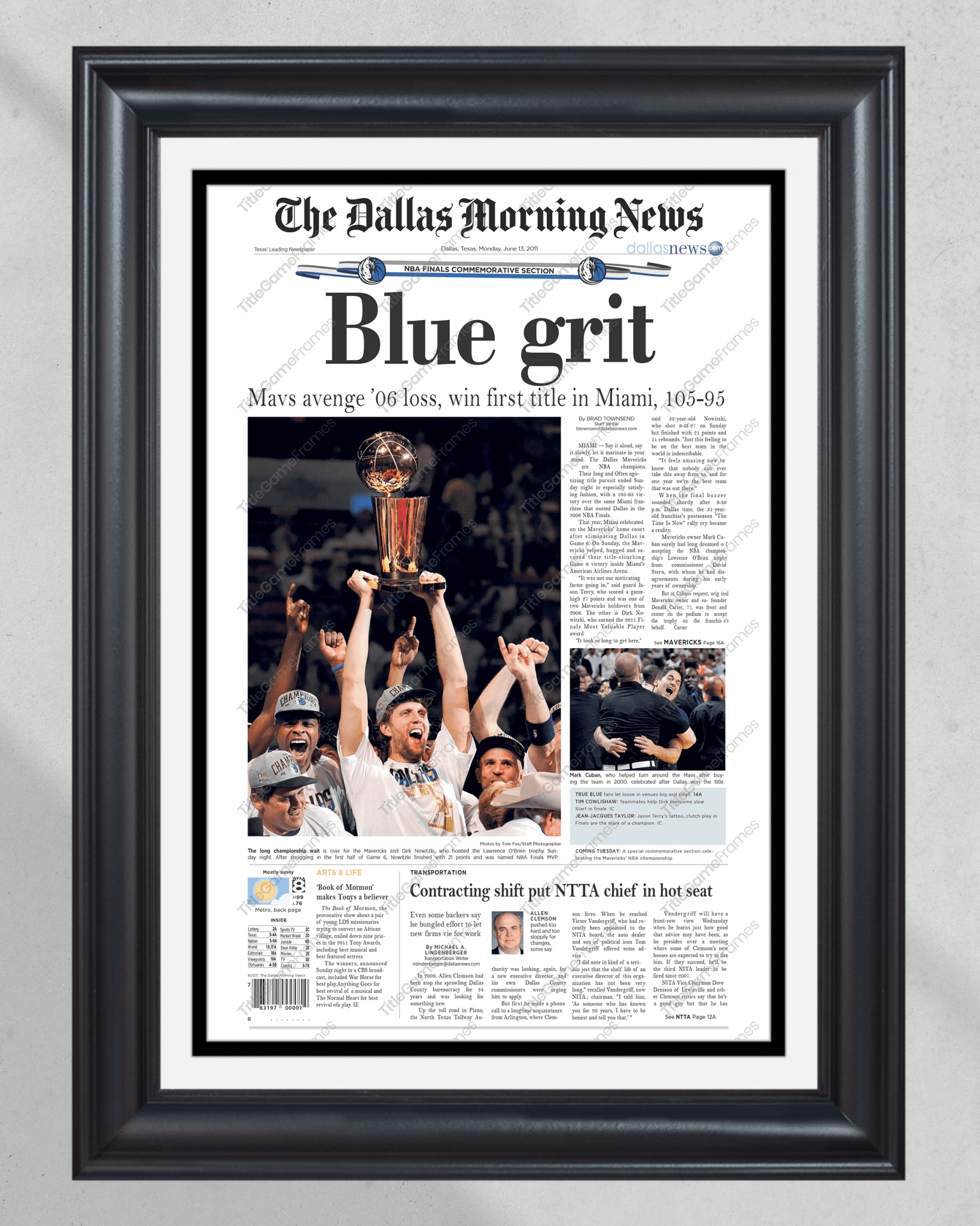 2011 Dallas Mavericks NBA Basketball Championship 'Blue grit' Framed Newspaper - TitleGameFrames.com