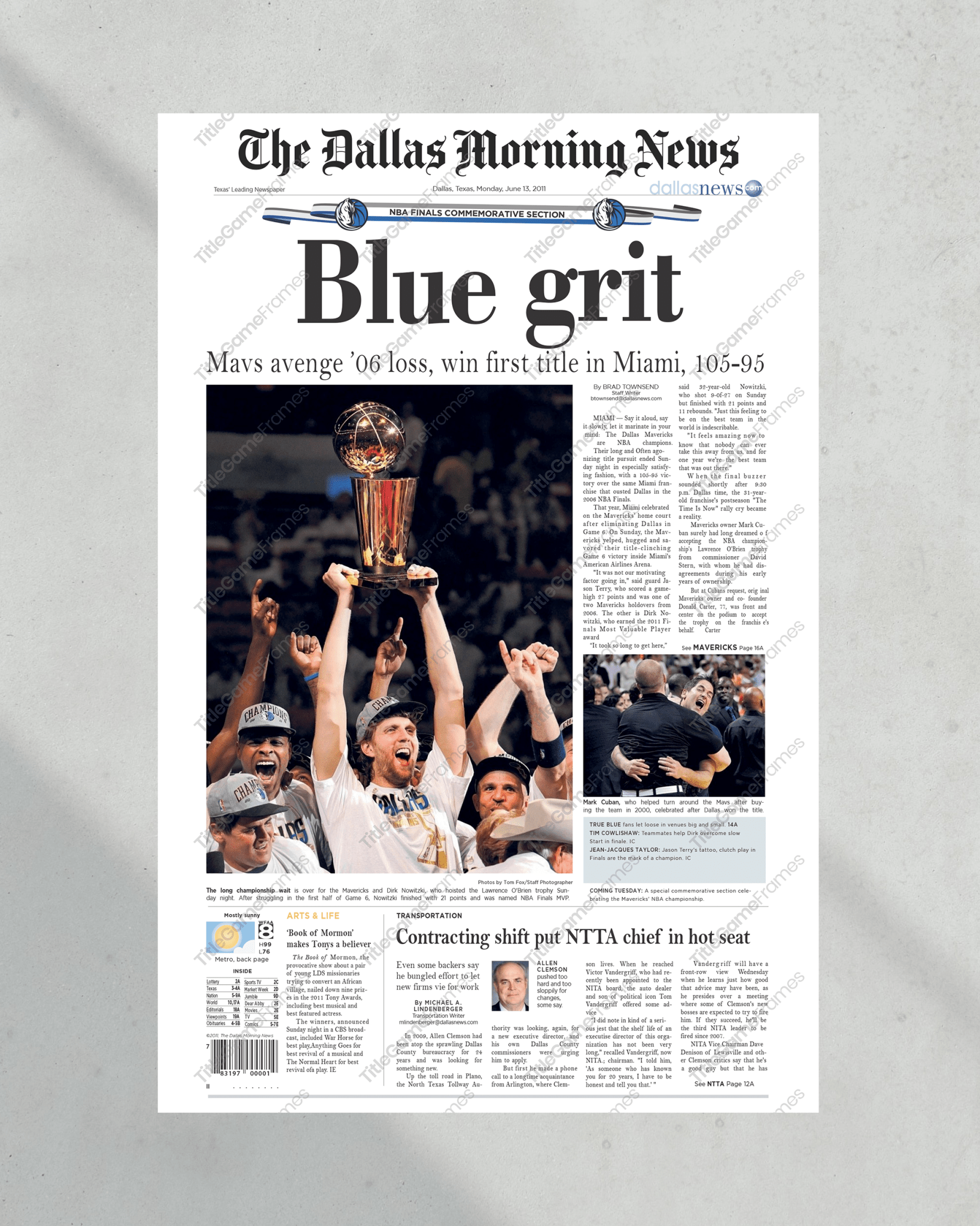 2011 Dallas Mavericks NBA Basketball Championship 'Blue grit' Framed Newspaper - TitleGameFrames.com