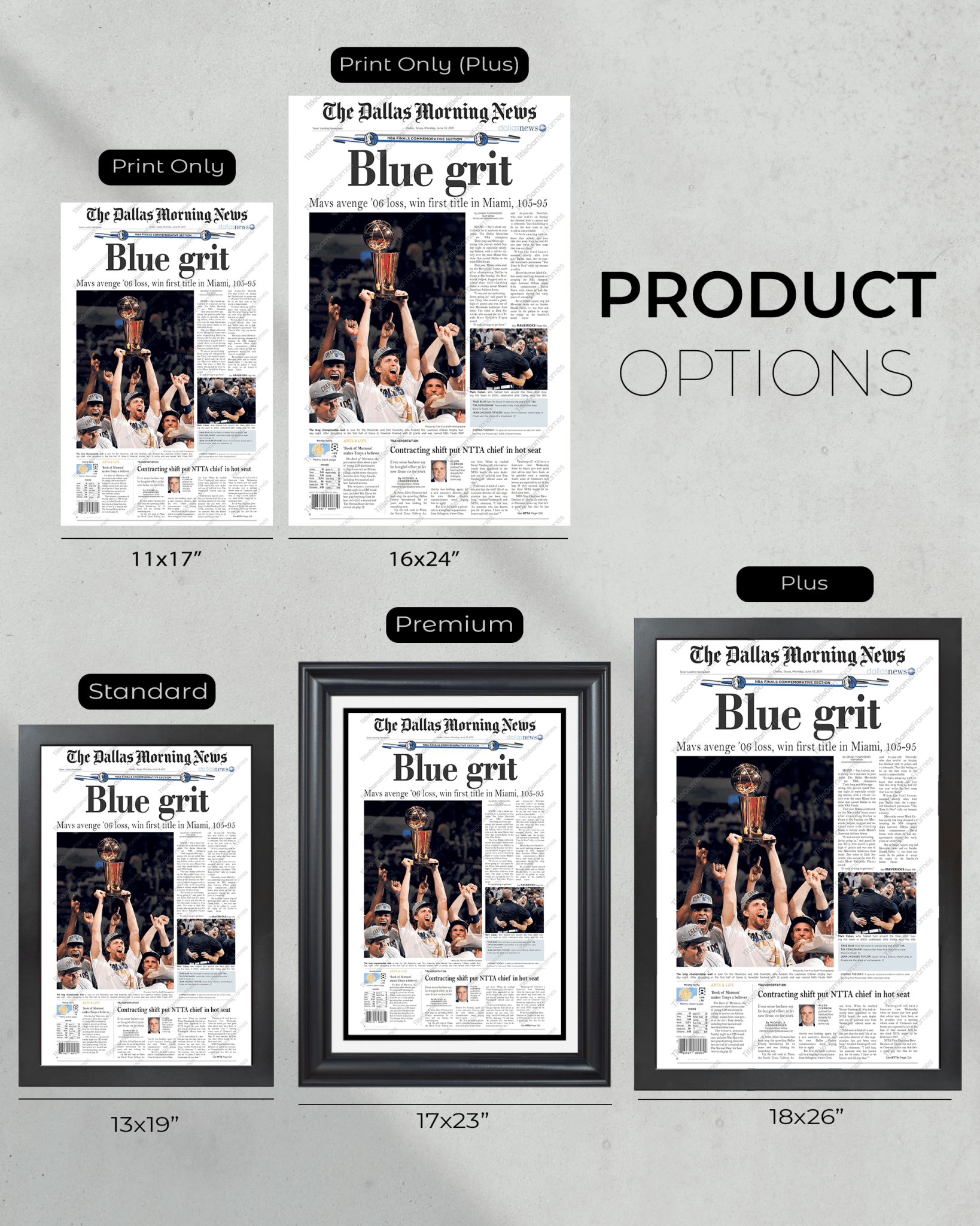 2011 Dallas Mavericks NBA Basketball Championship 'Blue grit' Framed Newspaper - TitleGameFrames.com