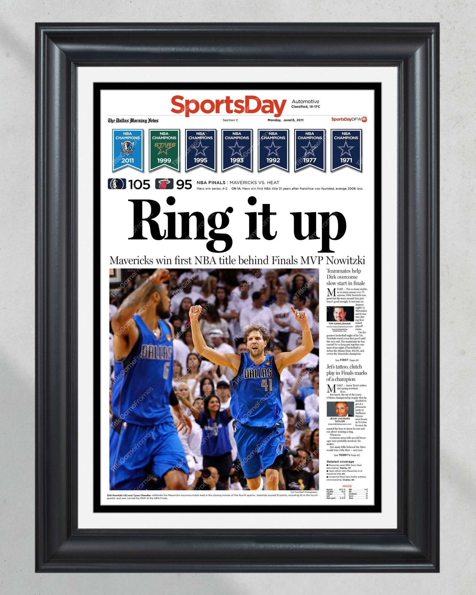 2011 Dallas Mavericks NBA Champions 'Ring it up' Framed Front Page Newspaper - TitleGameFrames.com