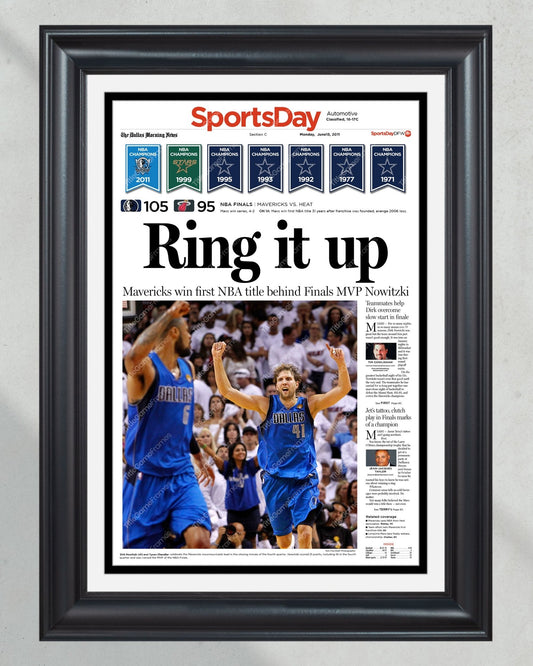 2011 Dallas Mavericks NBA Champions 'Ring it up' Framed Front Page Newspaper - TitleGameFrames.com