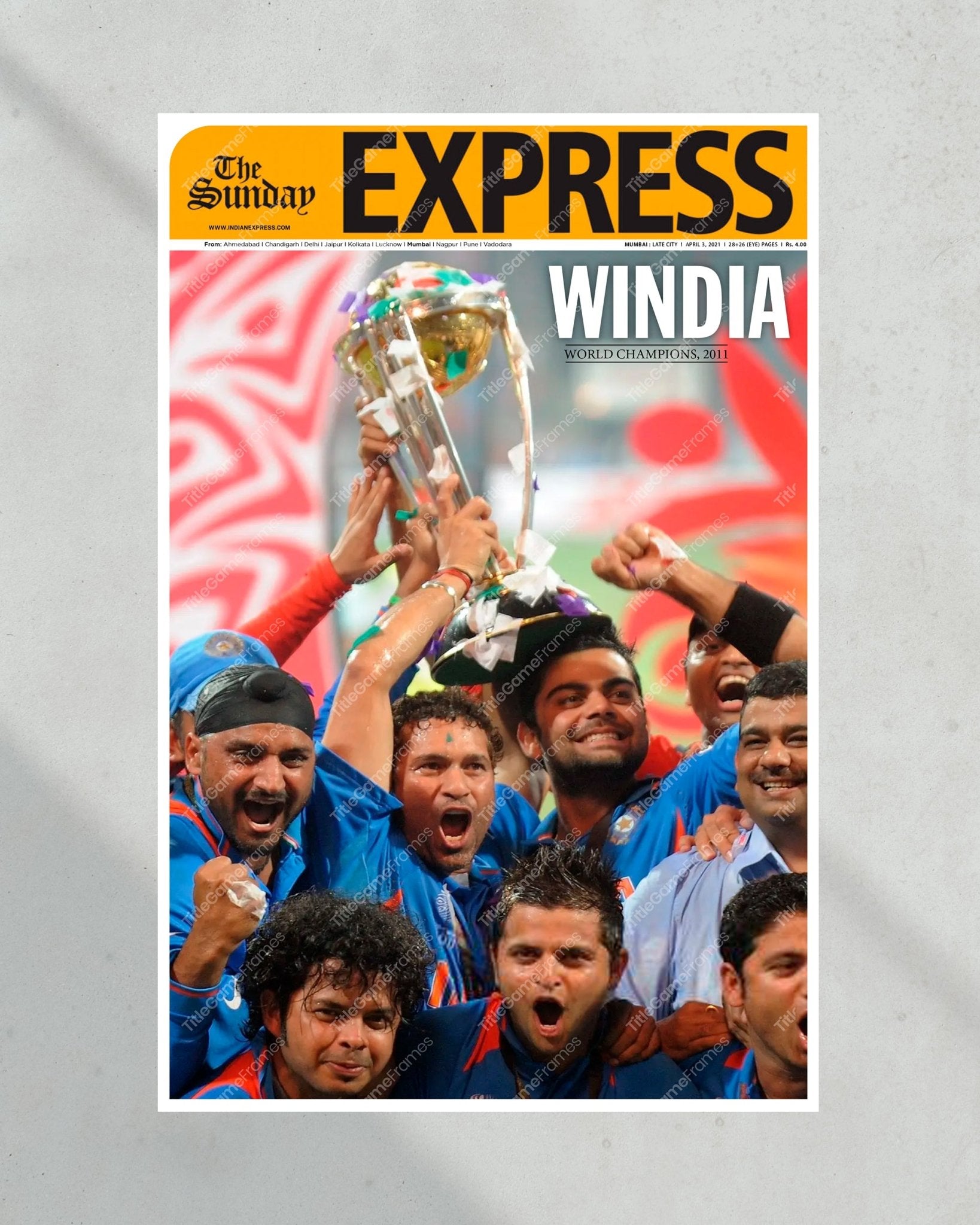 2011 India World Cup Cricket Champs 'WINDIA' Framed Front Page Newspaper - TitleGameFrames.com