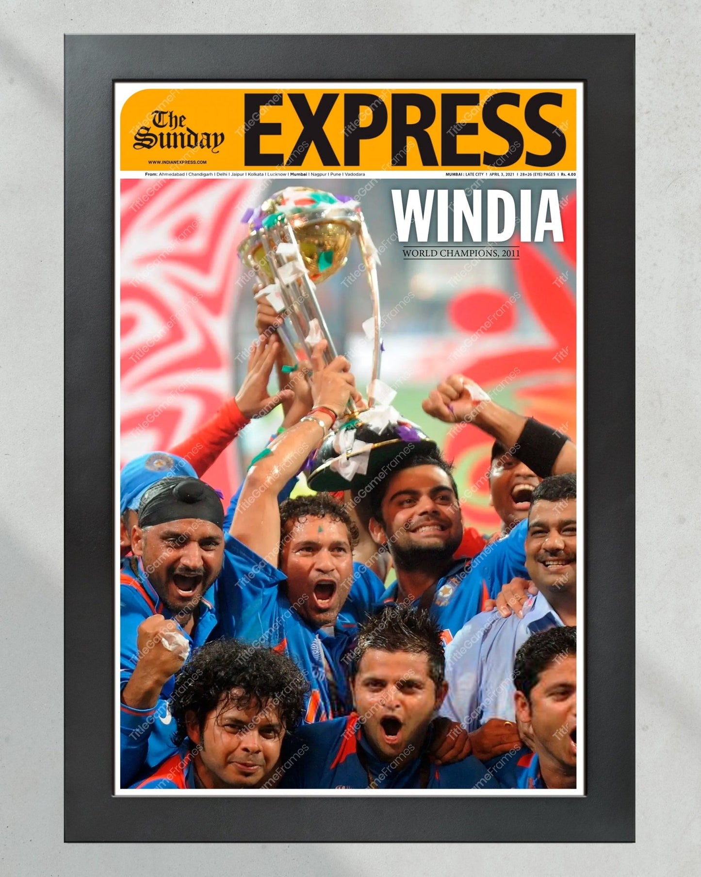 2011 India World Cup Cricket Champs 'WINDIA' Framed Front Page Newspaper - TitleGameFrames.com