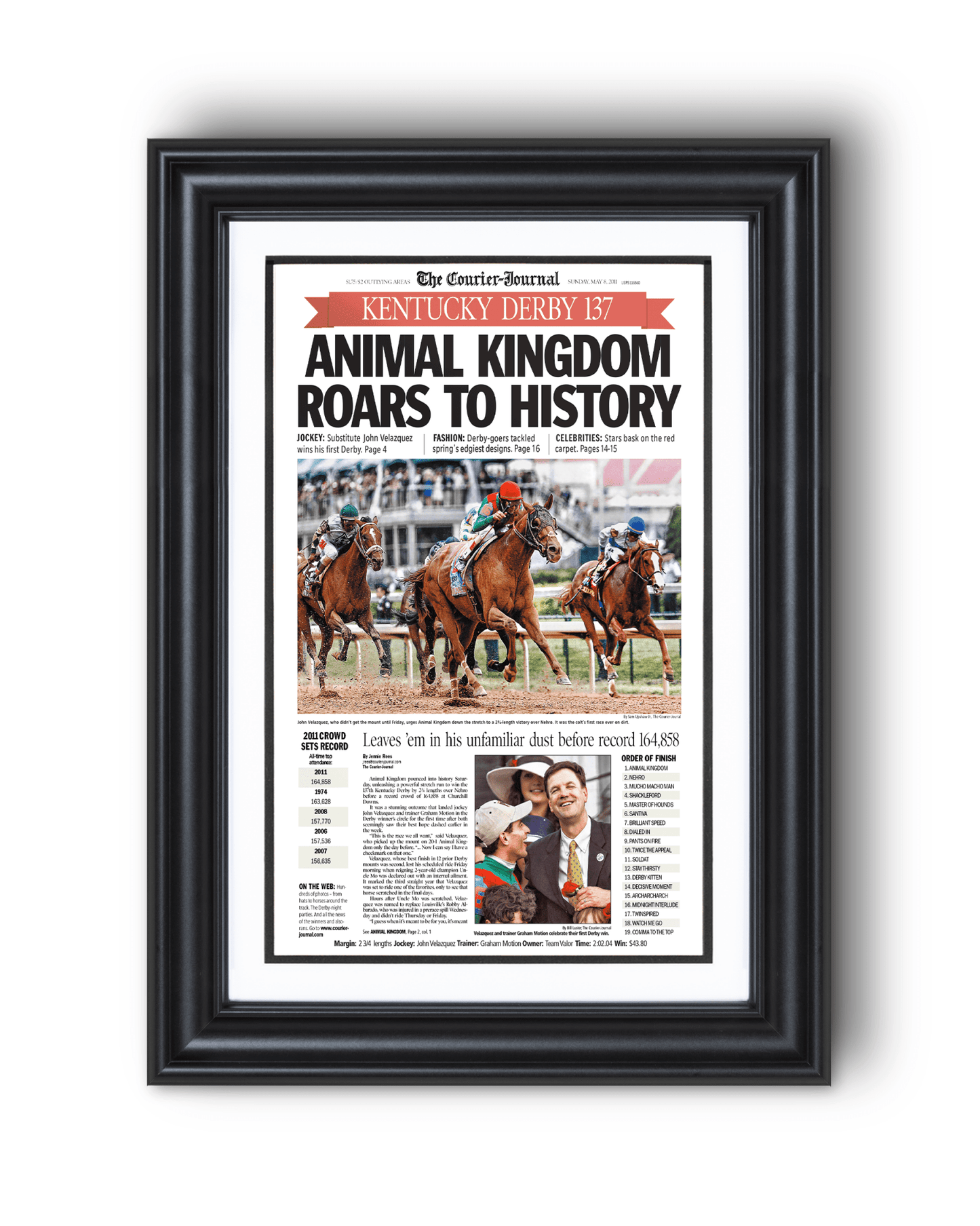 2011 Kentucky Derby "Animal Kingdom Roars to Victory!" Framed Front Page Newspaper - TitleGameFrames.com