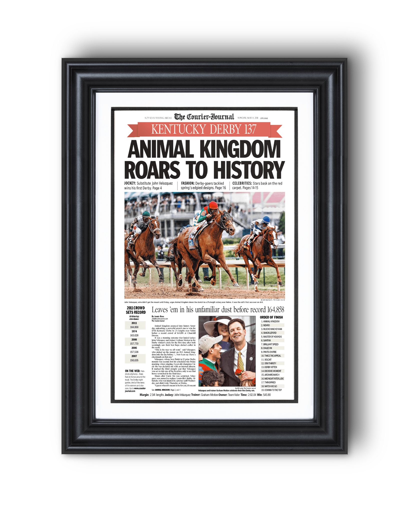 2011 Kentucky Derby "Animal Kingdom Roars to Victory!" Framed Front Page Newspaper - TitleGameFrames.com