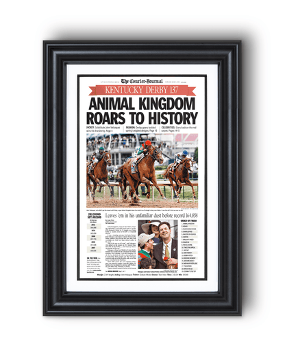 2011 Kentucky Derby "Animal Kingdom Roars to Victory!" Framed Front Page Newspaper - TitleGameFrames.com