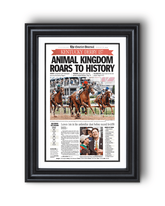 2011 Kentucky Derby "Animal Kingdom Roars to Victory!" Framed Front Page Newspaper - TitleGameFrames.com