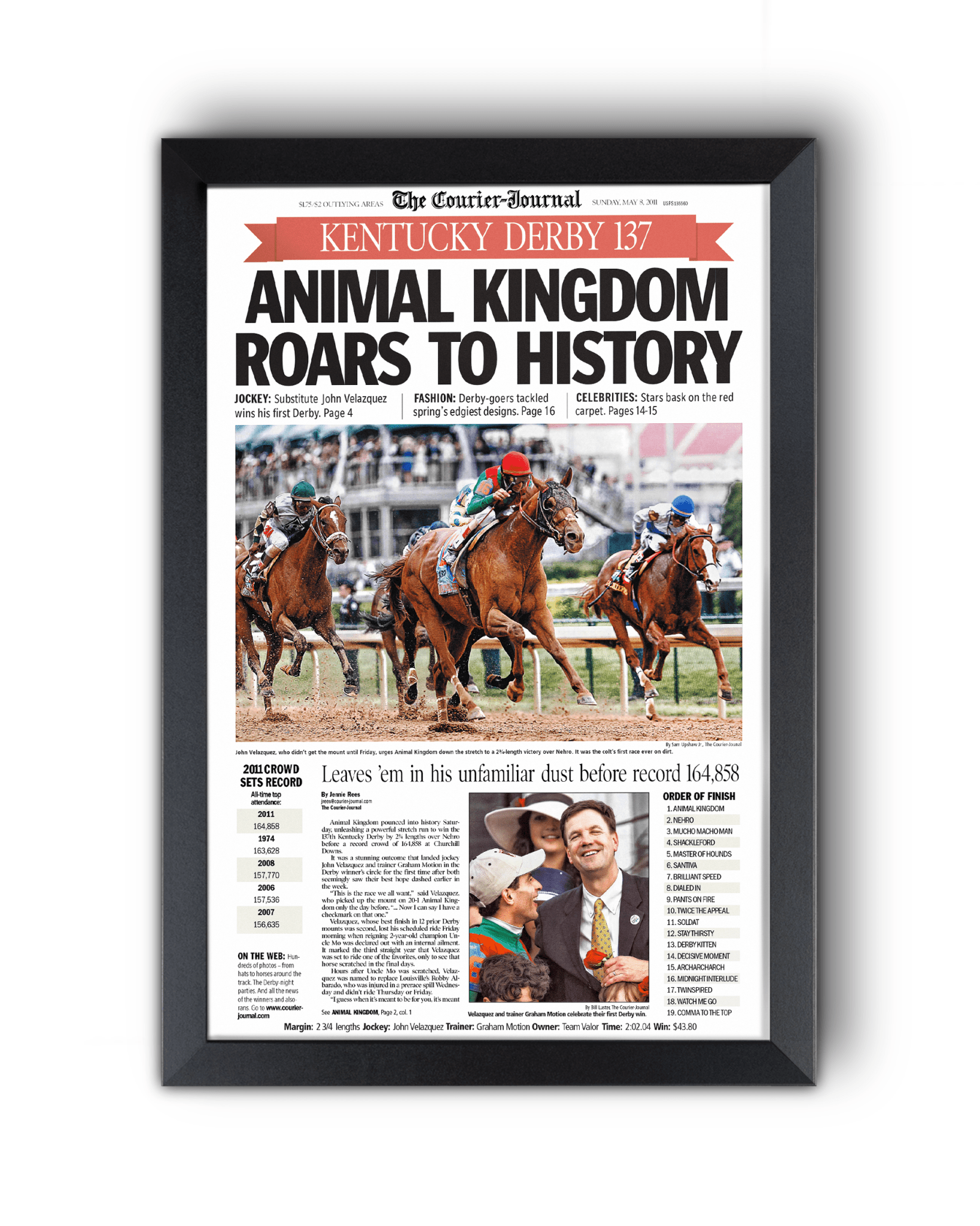 2011 Kentucky Derby "Animal Kingdom Roars to Victory!" Framed Front Page Newspaper - TitleGameFrames.com