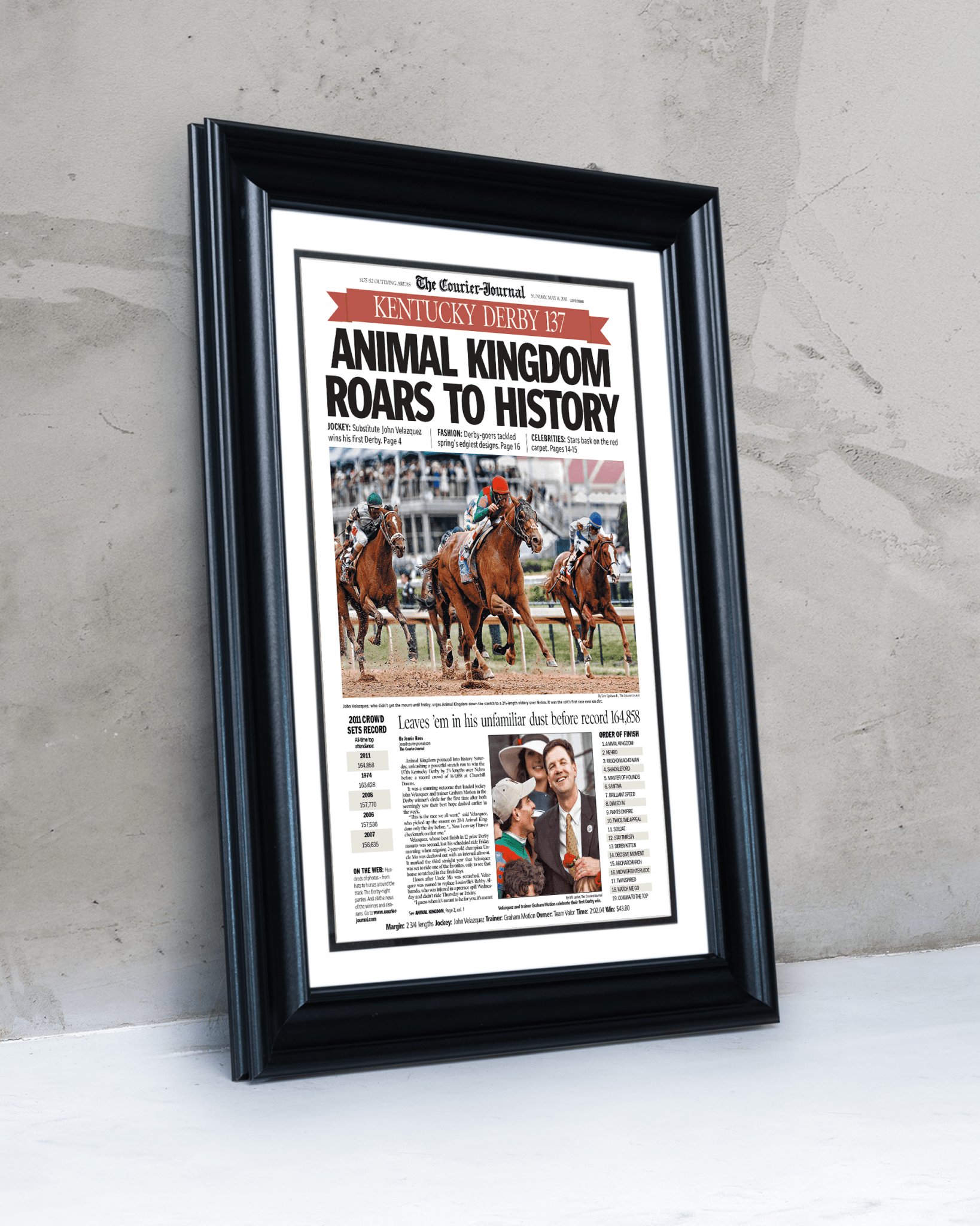 2011 Kentucky Derby "Animal Kingdom Roars to Victory!" Framed Front Page Newspaper - TitleGameFrames.com