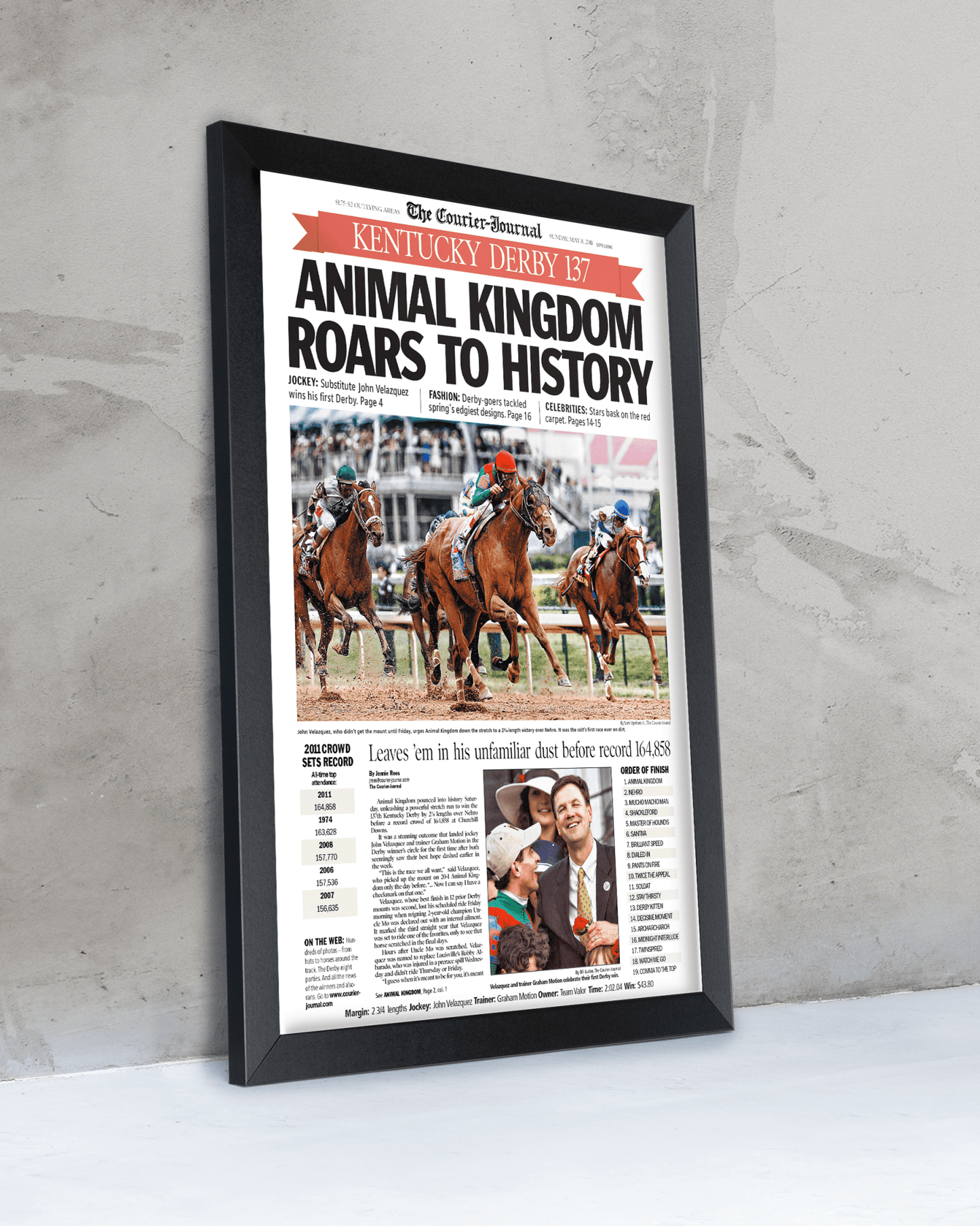 2011 Kentucky Derby "Animal Kingdom Roars to Victory!" Framed Front Page Newspaper - TitleGameFrames.com