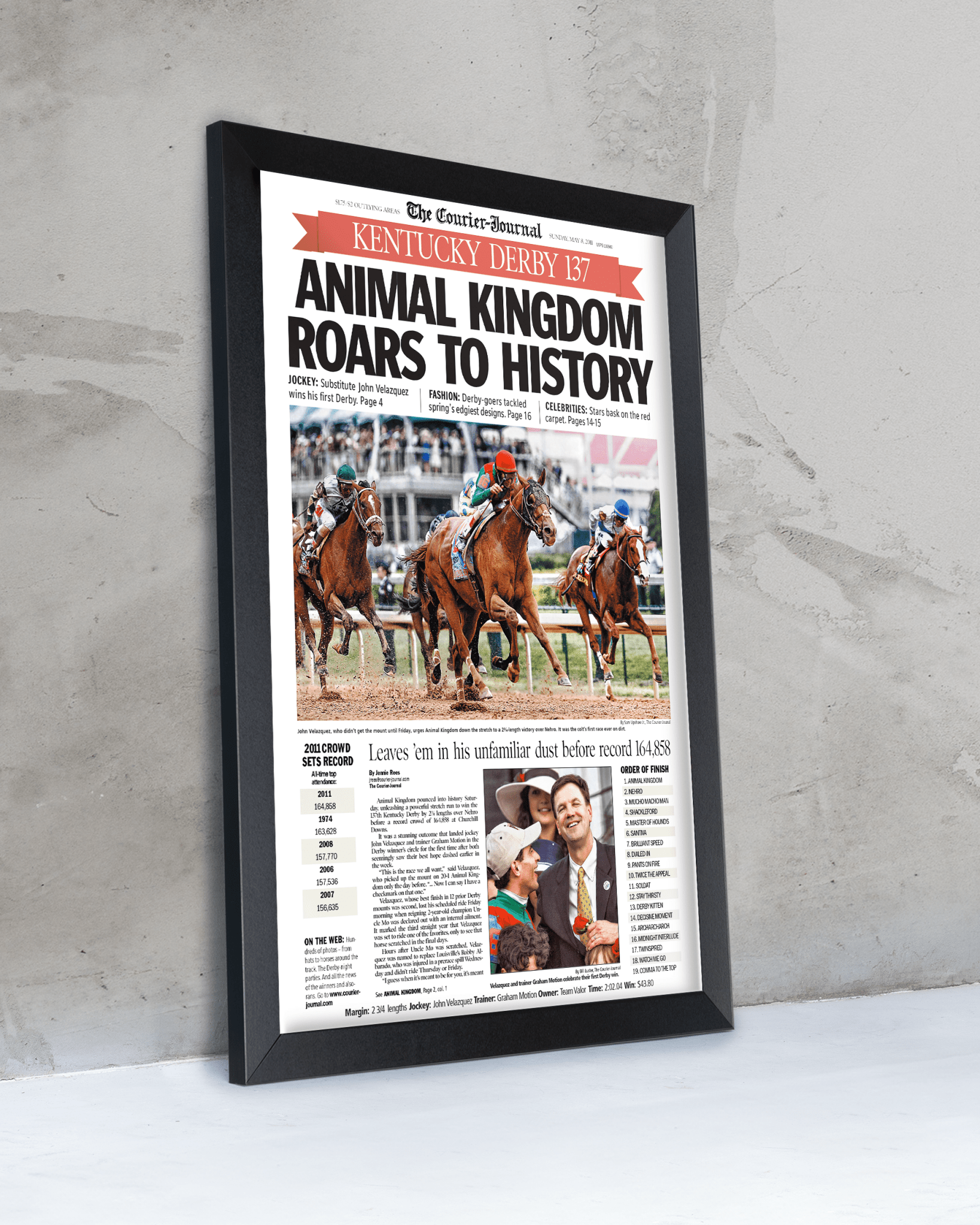 2011 Kentucky Derby "Animal Kingdom Roars to Victory!" Framed Front Page Newspaper - TitleGameFrames.com