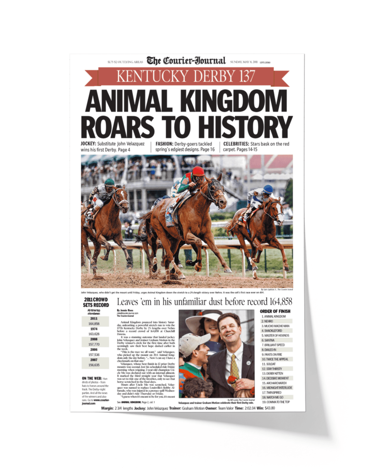 2011 Kentucky Derby "Animal Kingdom Roars to Victory!" Framed Front Page Newspaper - TitleGameFrames.com