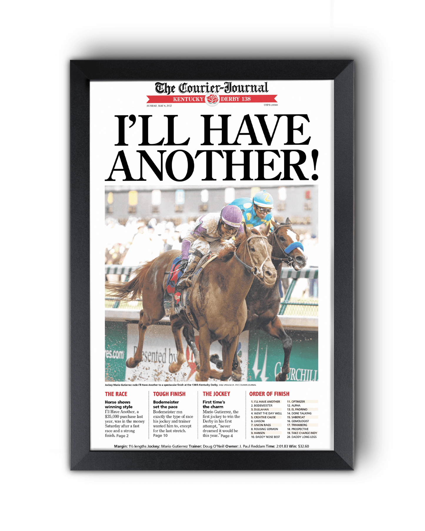 2012 Kentucky Derby “I’ll Have Another!” Winner Framed Front Page Newspaper - TitleGameFrames.com