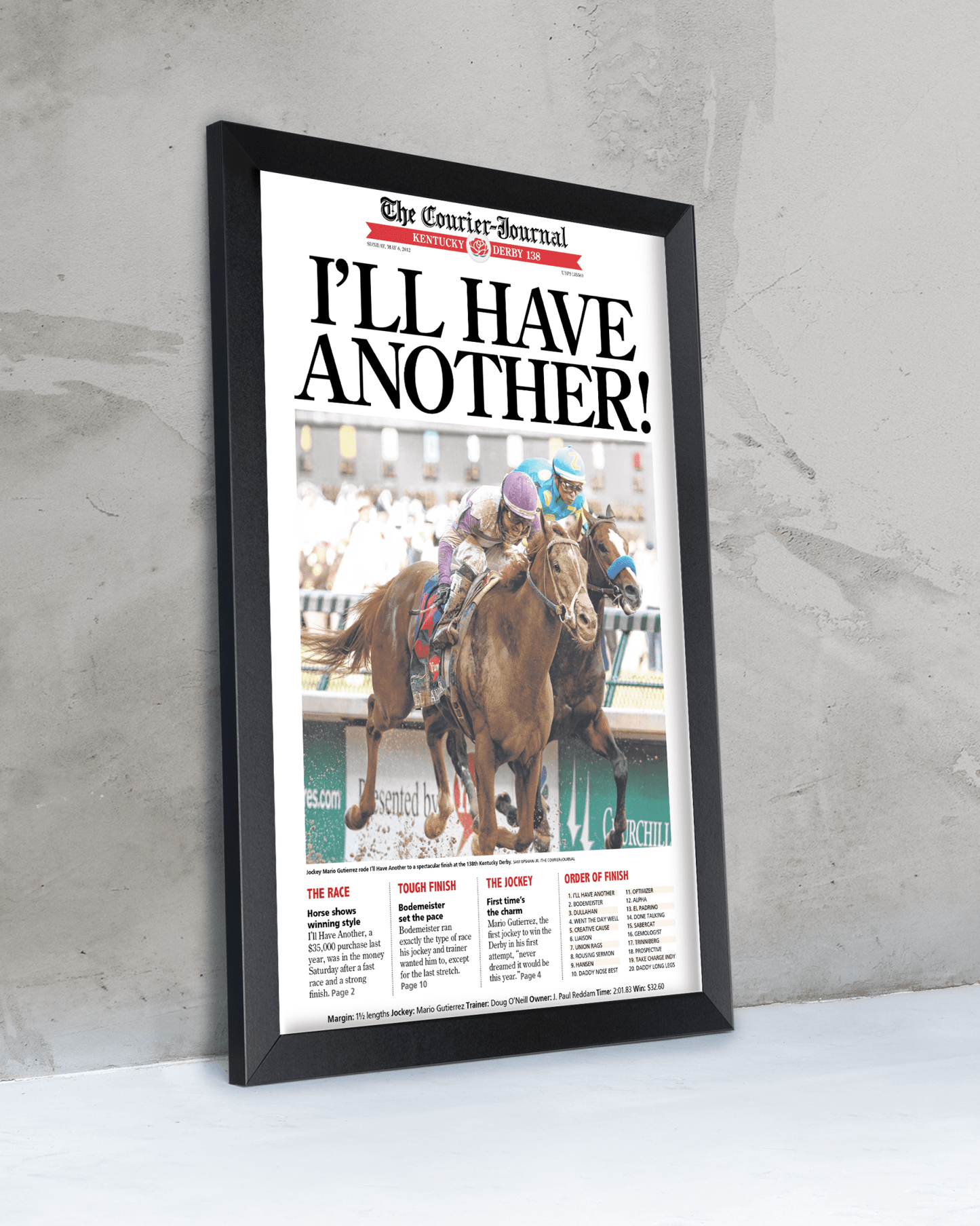 2012 Kentucky Derby “I’ll Have Another!” Winner Framed Front Page Newspaper - TitleGameFrames.com