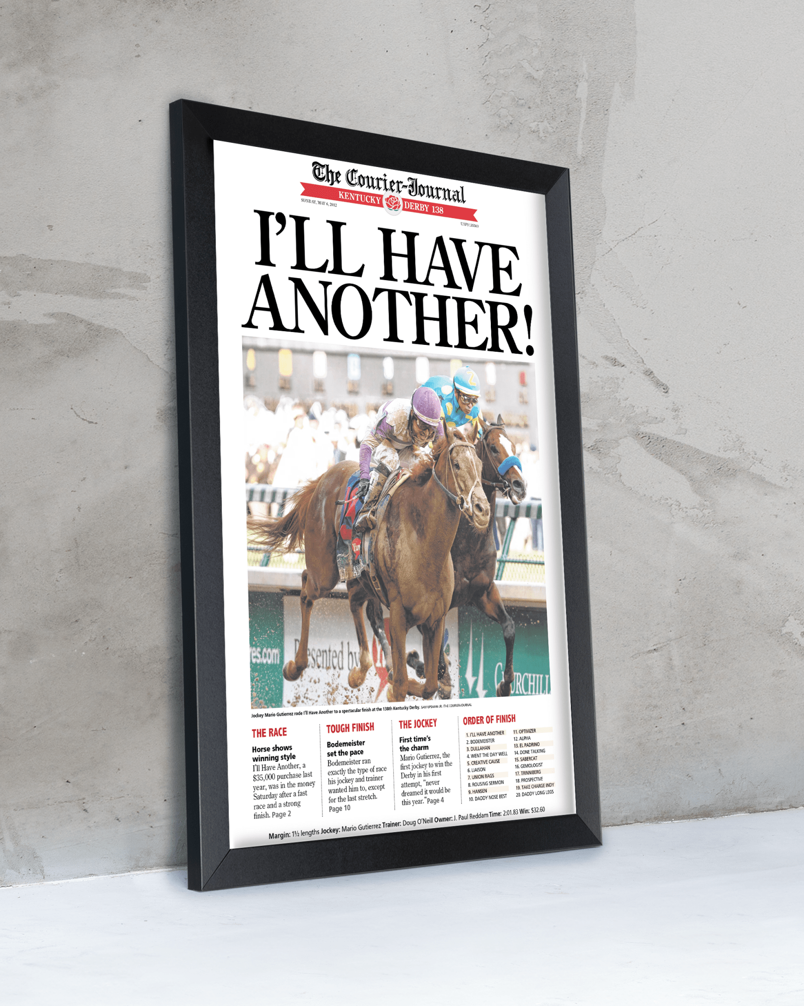 2012 Kentucky Derby “I’ll Have Another!” Winner Framed Front Page Newspaper - TitleGameFrames.com