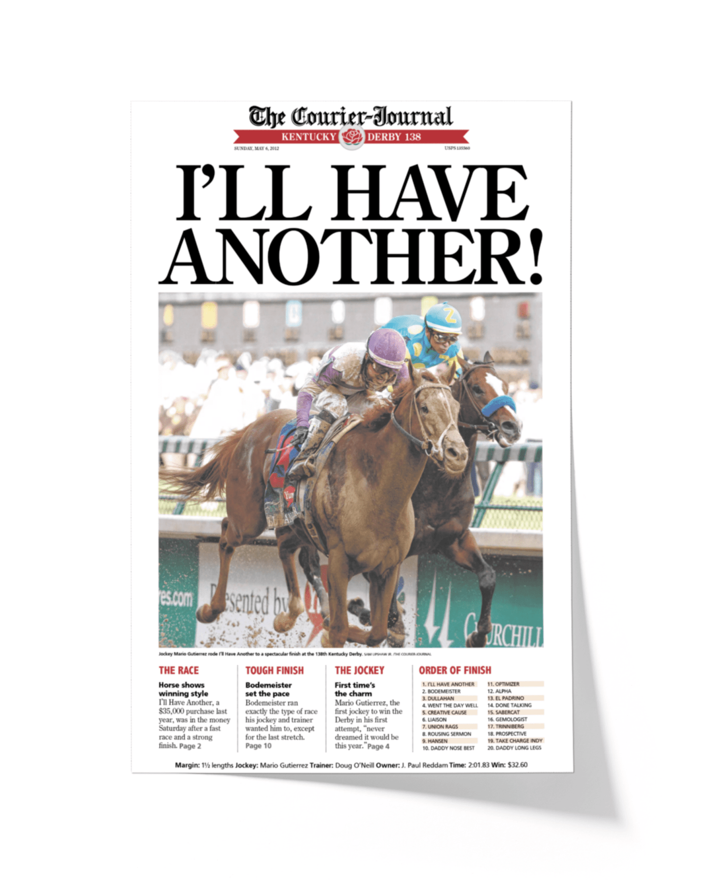 2012 Kentucky Derby “I’ll Have Another!” Winner Framed Front Page Newspaper - TitleGameFrames.com